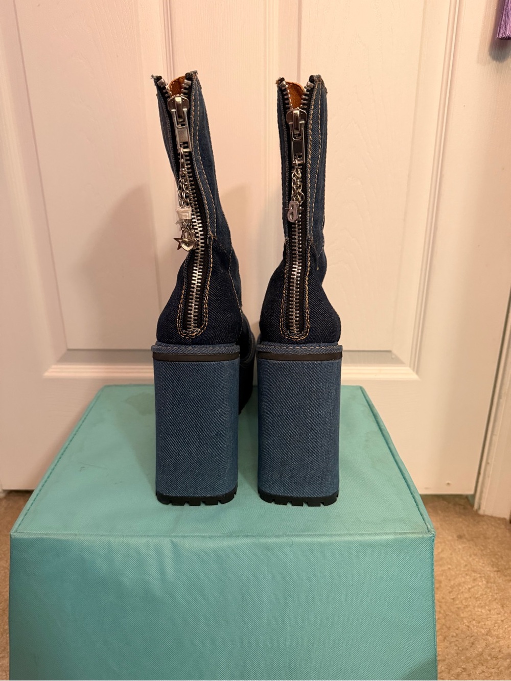 Denim Patchwork Platform Ankle Boots - Blue - Picture 4 of 4